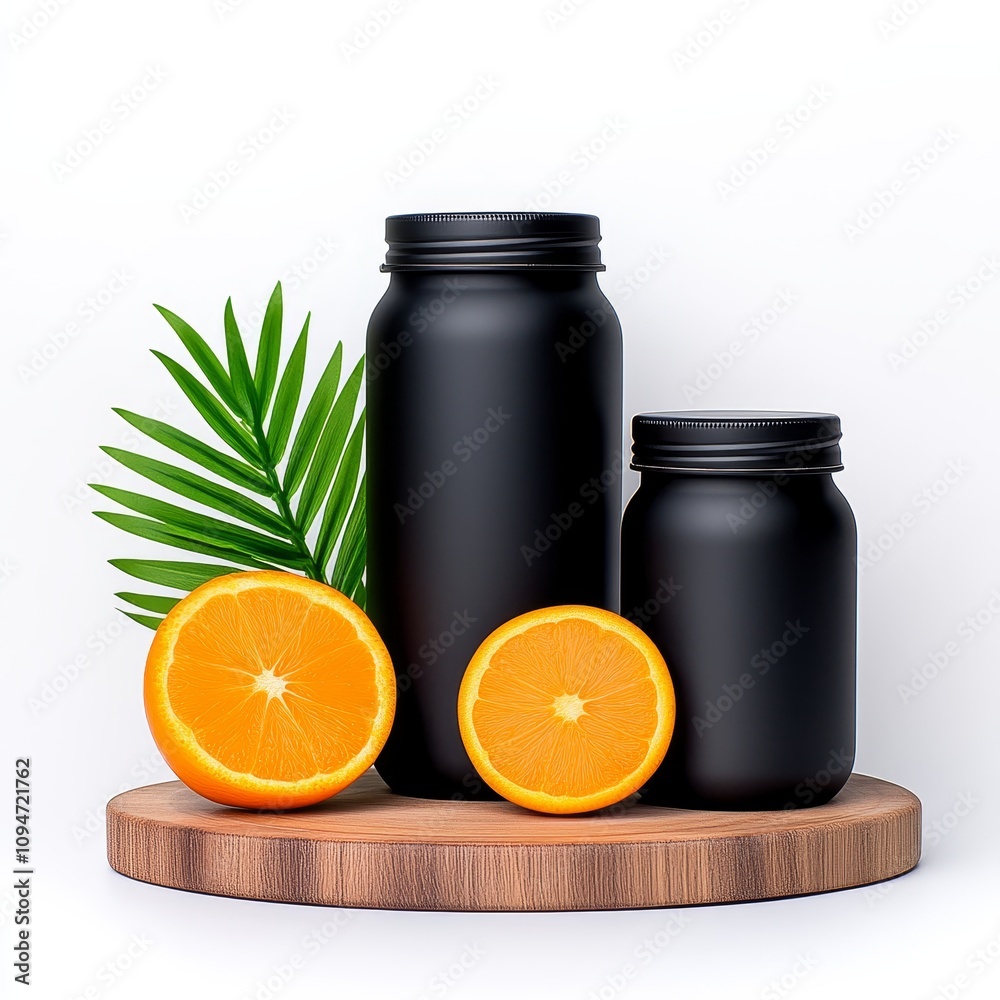 Black Matte Jars Oranges Palm Leaf Wooden Board Product Mockup Healthy Lifestyle Black Matte Jars Oranges Palm Leaf Wooden Board Product Mockup Healthy Lifestyle