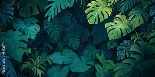 A cartoon picture of jungle vines and leaves makes a frame.  It shows tropical plants like ivy and monstera.