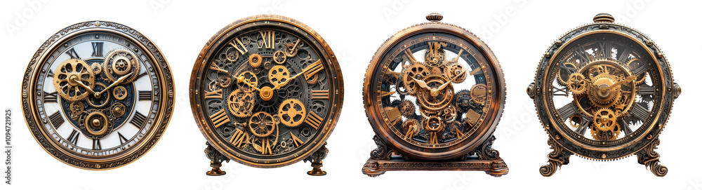 Fototapeta premium Vintage Steampunk Clocks on Transparent Background