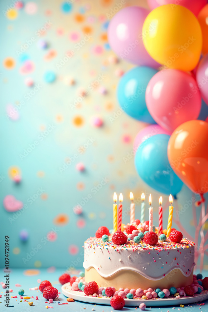 Holiday card. Colorful birthday cake with lit candles, surrounded by balloons and confetti, placed on a table against a blue wall. Holiday card. Colorful birthday cake with lit candles, surrounded by balloons and confetti, placed on a table against a blue wall.