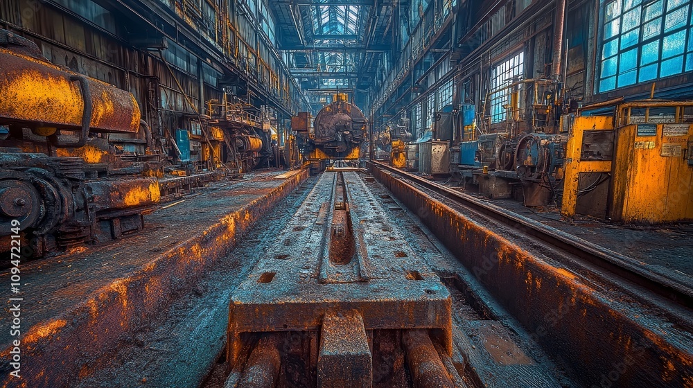 Industrial Interior with Railroad Tracks and Rusty Machinery