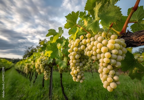 Wallpaper Mural Lush Green Vineyard Under a Sunny Sky with Clusters of White Grapes Hanging from Vines on a Bright and Beautiful Day in a Picturesque Landscape Torontodigital.ca