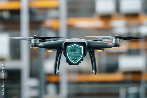 anti tracking security industry concept, A sleek drone with a shield emblem is flying, symbolizing security and technology in an industrial setting. photo