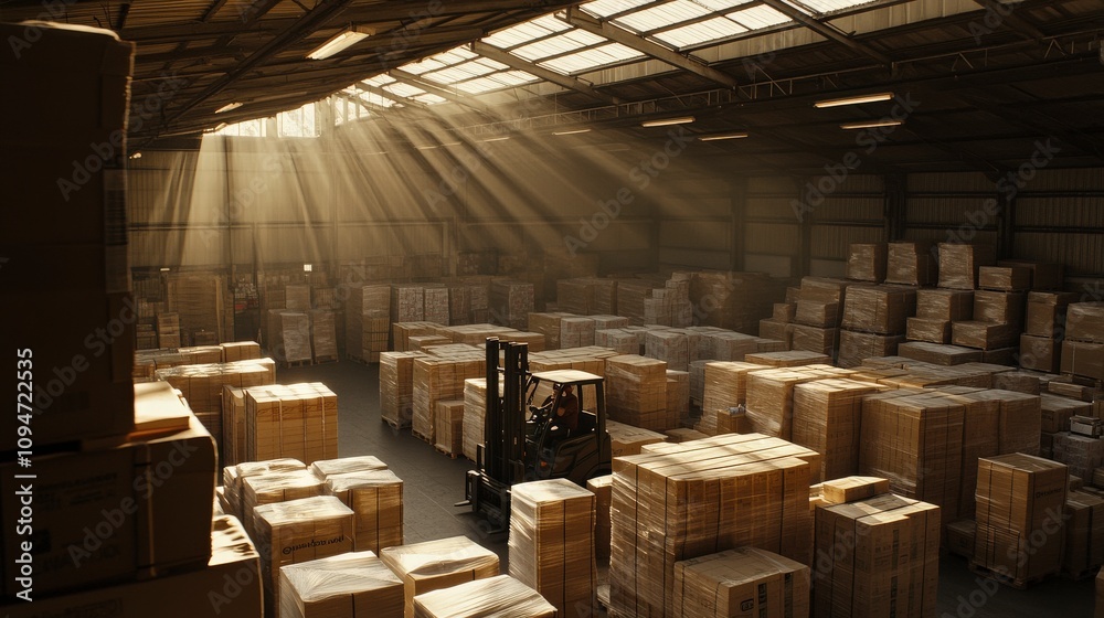 Sunlight Streams Through Warehouse Roof Illuminating Stacked Boxes Inside a Busy Storage Facility with a Forklift in Motion Amidst the Organized Chaos Sunlight Streams Through Warehouse Roof Illuminating Stacked Boxes Inside a Busy Storage Facility with a Forklift in Motion Amidst the Organized Chaos