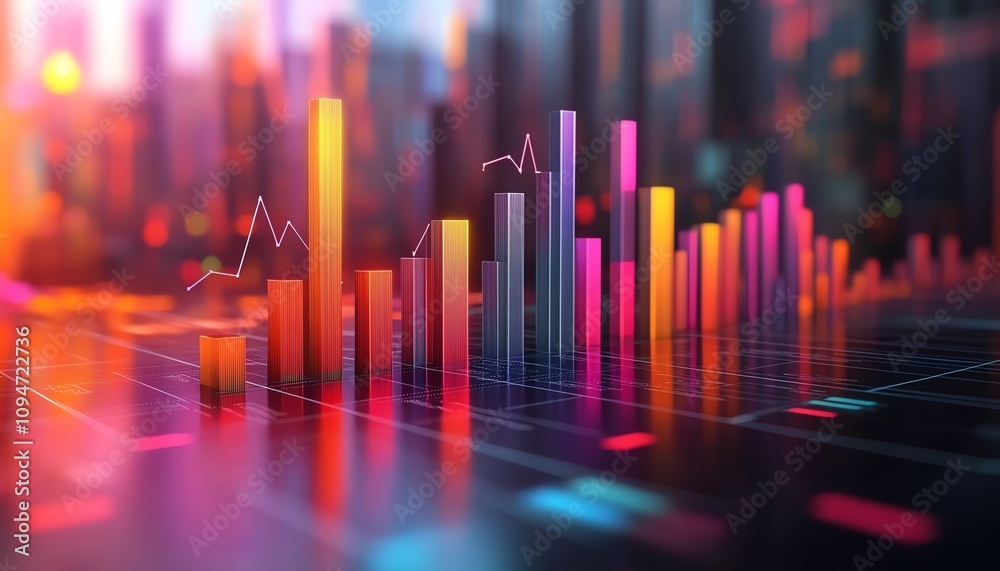3D rendering of a financial graph with bars and trend lines on a white background, business growth concept, financial data visualization 3D rendering of a financial graph with bars and trend lines on a white background, business growth concept, financial data visualization