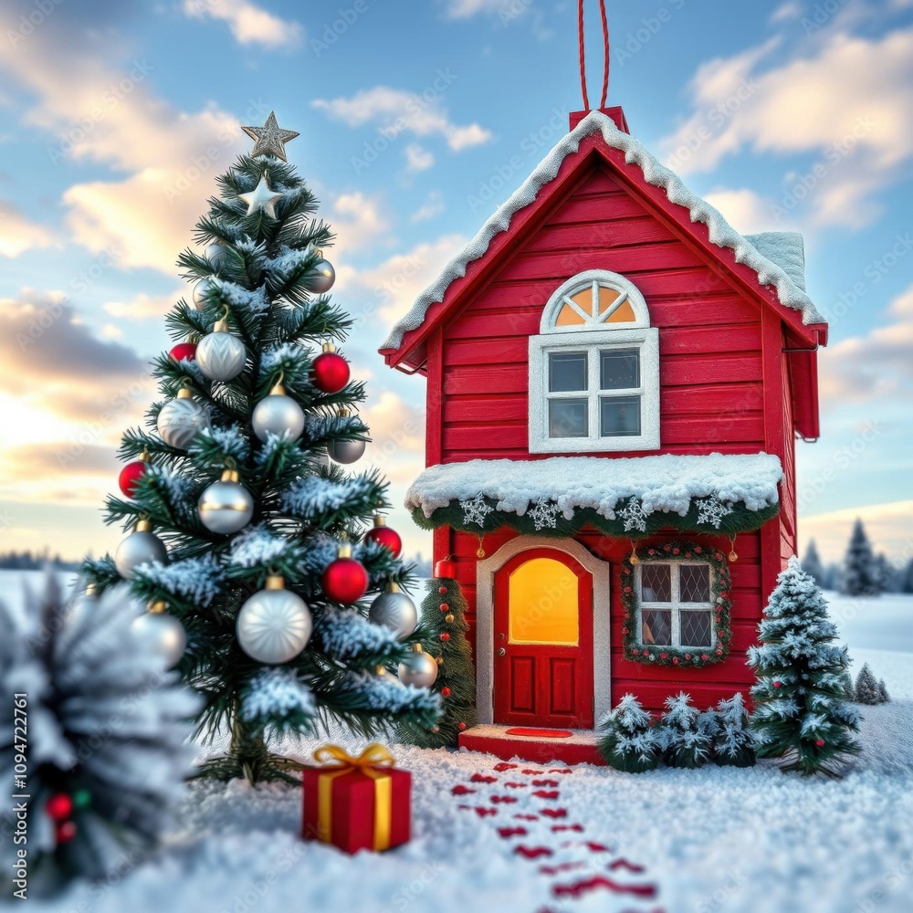 Red house and christmas tree christmas ornaments made of paper christmas tree holiday winter festive celebration Red house and christmas tree christmas ornaments made of paper christmas tree holiday winter festive celebration