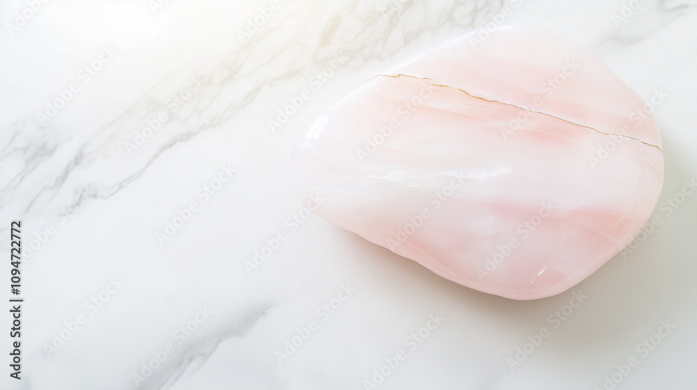 Fototapeta premium Polished Rose Quartz Stone With Natural Golden Veining On Marble