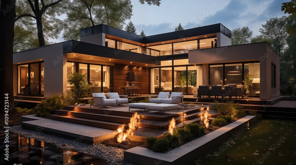 A sleek and minimalist cubic villa design with a beautifully landscaped backyard for a modern, sophisticated aesthetic.
