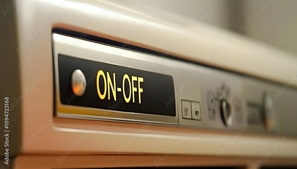Close-Up of Air Conditioner Control Panel Featuring ON-OFF Button with Bright Yellow Text and Sleek Modern Design, Ideal for HVAC Equipment Imagery