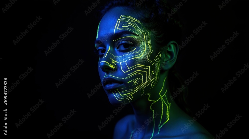 Person with UV Face Paint and Circuit Patterns Person with UV Face Paint and Circuit Patterns