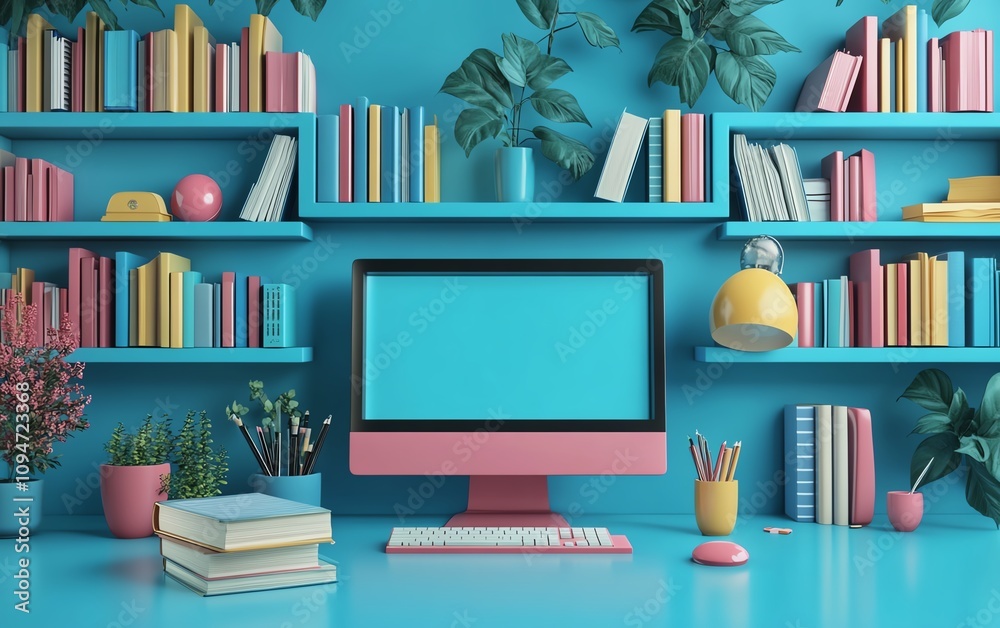 3D rendering of online education theme, computer and books on a blue background, digital study materials, futuristic learning technology 3D rendering of online education theme, computer and books on a blue background, digital study materials, futuristic learning technology