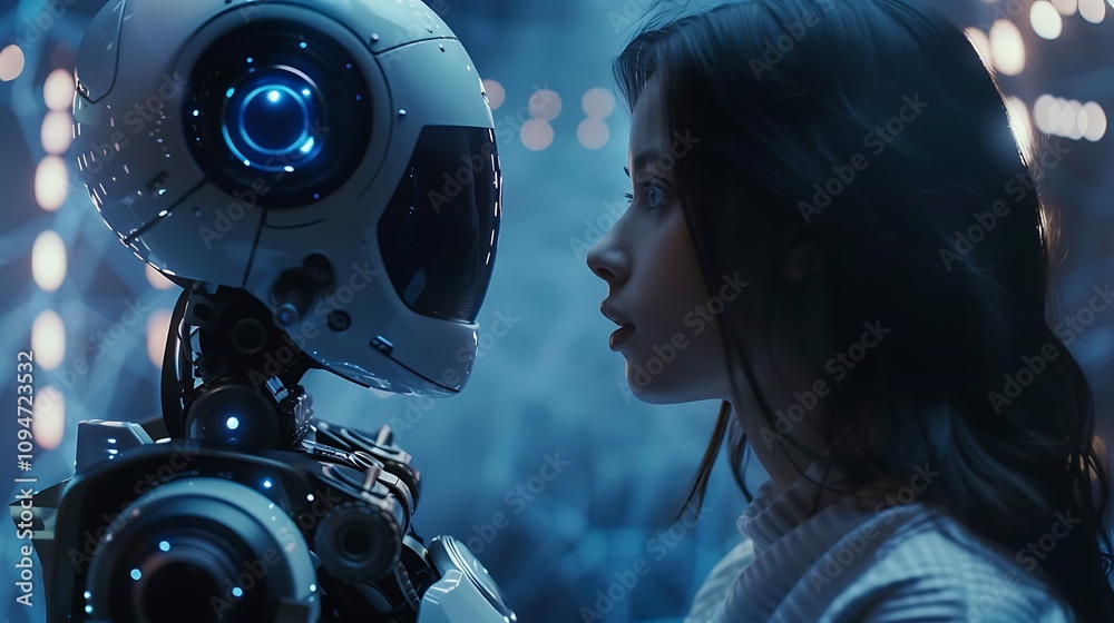 A futuristic scene depicting a robot and a human woman in a contemplative interaction, exploring technology and connection. A futuristic scene depicting a robot and a human woman in a contemplative interaction, exploring technology and connection.