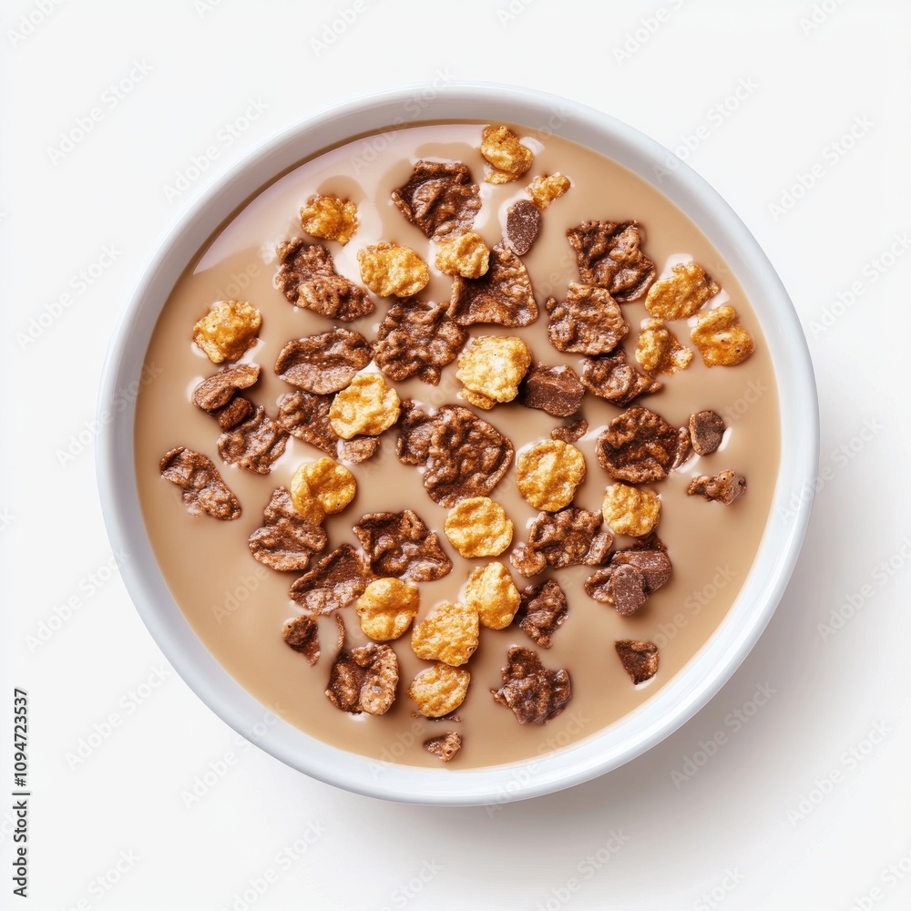 Caramel cornflakes and milk in white bowl isolated on white background Caramel cornflakes and milk in white bowl isolated on white background