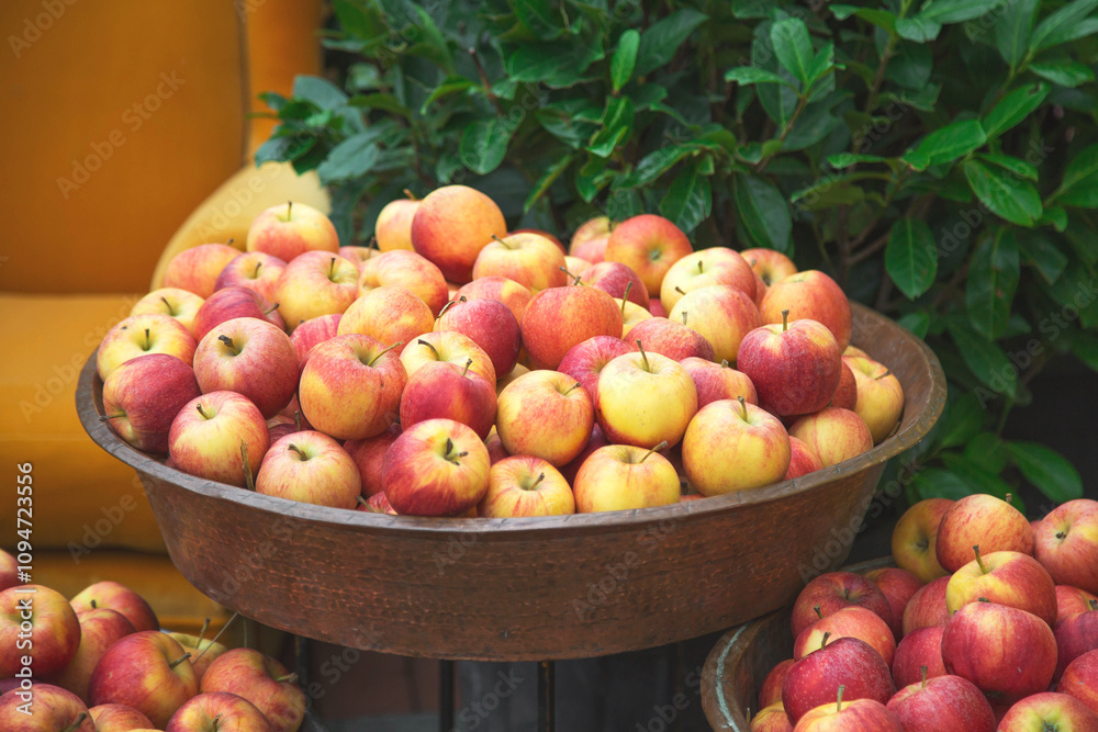 rustic bowl filled with fresh red yellow apples on display outdoors, surrounded by lush green leaves. depiction of organic produce and a healthy lifestyle. harvest demonstration holiday festival rustic bowl filled with fresh red yellow apples on display outdoors, surrounded by lush green leaves. depiction of organic produce and a healthy lifestyle. harvest demonstration holiday festival