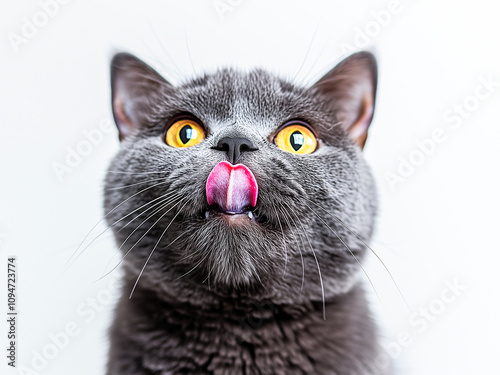 Gray cat with striking yellow eyes licking its nose, isolated on a white background. photo