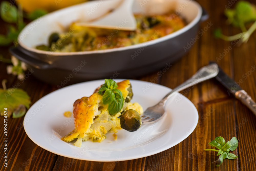 cauliflower and brussel sprouts casserole with cheese, in a plate on a wooden table cauliflower and brussel sprouts casserole with cheese, in a plate on a wooden table