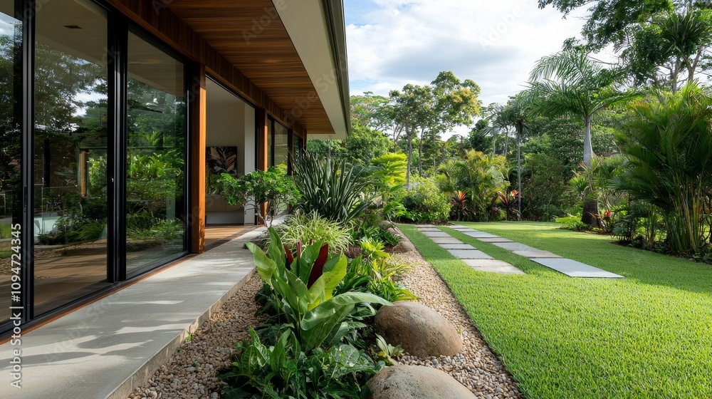 Modern House Exterior with Lush Garden and Stone Pathway, Showcasing Tropical Landscaping and Contemporary Architectural Design, Inviting Nature into Living Space Modern House Exterior with Lush Garden and Stone Pathway, Showcasing Tropical Landscaping and Contemporary Architectural Design, Inviting Nature into Living Space