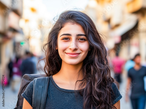 Smiling young woman with a backpack standing outdoors in an urban setting.