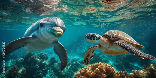 A dolphin and sea turtle swim close by, looking right at you.