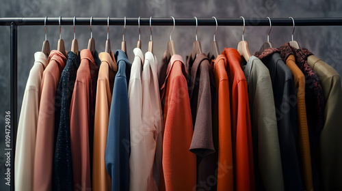 A row of clothes hanging on a rack. Perfect for showcasing different clothing options or displaying fashion trends