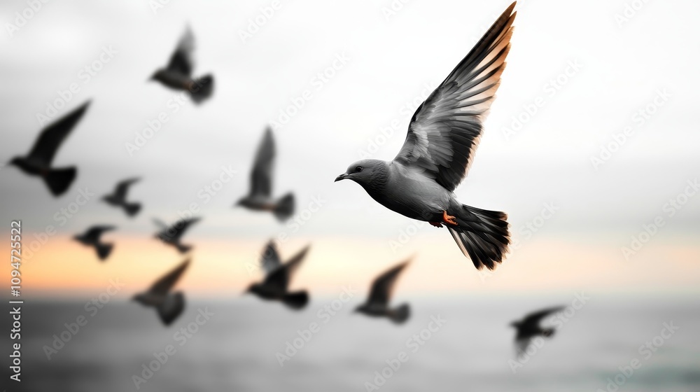 Obraz premium A Majestic Flock of Birds in Flight Against a Serene Coastal Sunset, Highlighting the Beauty of Nature and Wildlife in Motion