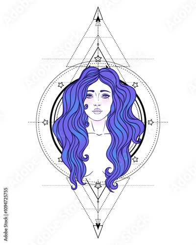 Beautiful woman with long hair and multiple hands sitting in lotus yoga position. Multi-armed goddess is Goddess Lakshmi, the Hindu goddess of wealth, fortune, and prosperity. Vector detailed isolated