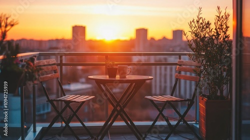 Cozy balcony with a small table and two chairs, overlooking a city skyline at sunset