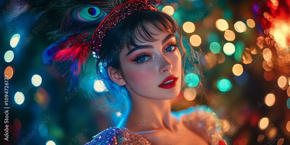 A gorgeous young woman, dressed in a dazzling peacock costume, shines at a festive party. The magical holiday atmosphere adds to her glamorous look. A gorgeous young woman, dressed in a dazzling peacock costume, shines at a festive party. The magical holiday atmosphere adds to her glamorous look.