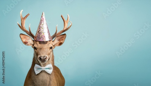 Creative animal concept. Deer in party cone hat necklace bowtie outfit isolated on solid pastel background advertisement, copy text space. birthday party invite invitation photo