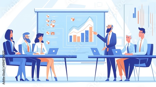 Dynamic Team Presentation: Cartoon-Style Business Meeting with Graphs and Charts on Screen, Team Engaged in Discussion in a Colorful, Modern Office Environment
