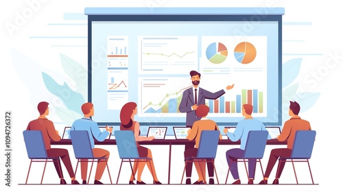 Dynamic Team Presentation: Cartoon-Style Business Meeting with Graphs and Charts on Screen, Team Engaged in Discussion in a Colorful, Modern Office Environment