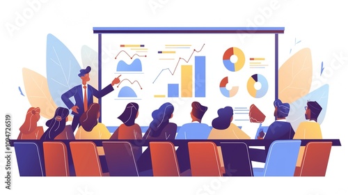 Dynamic Team Presentation: Cartoon-Style Business Meeting with Graphs and Charts on Screen, Team Engaged in Discussion in a Colorful, Modern Office Environment