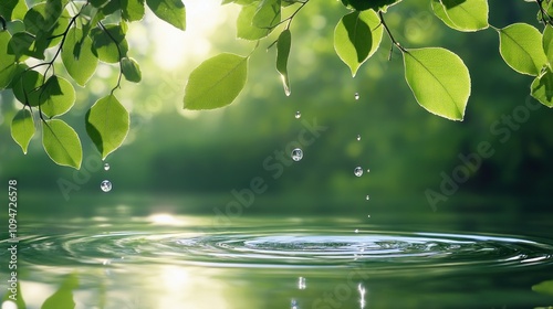 Nature's Touch with Water Ripples and Green Leaves