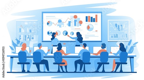 Dynamic Team Presentation: Cartoon-Style Business Meeting with Graphs and Charts on Screen, Team Engaged in Discussion in a Colorful, Modern Office Environment