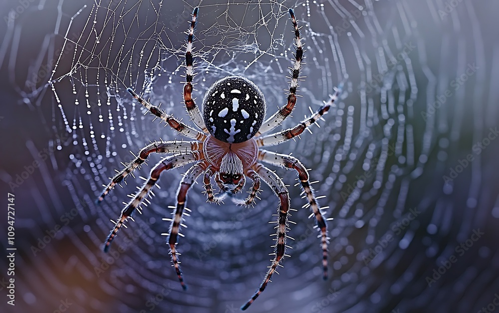 Close-up of a spider with distinctive markings on its abdomen, sitting in the center of its intricate web, covered in dewdrops. Close-up of a spider with distinctive markings on its abdomen, sitting in the center of its intricate web, covered in dewdrops.