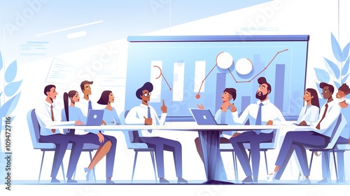 Dynamic Team Presentation: Cartoon-Style Business Meeting with Graphs and Charts on Screen, Team Engaged in Discussion in a Colorful, Modern Office Environment