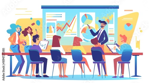 Dynamic Team Presentation: Cartoon-Style Business Meeting with Graphs and Charts on Screen, Team Engaged in Discussion in a Colorful, Modern Office Environment