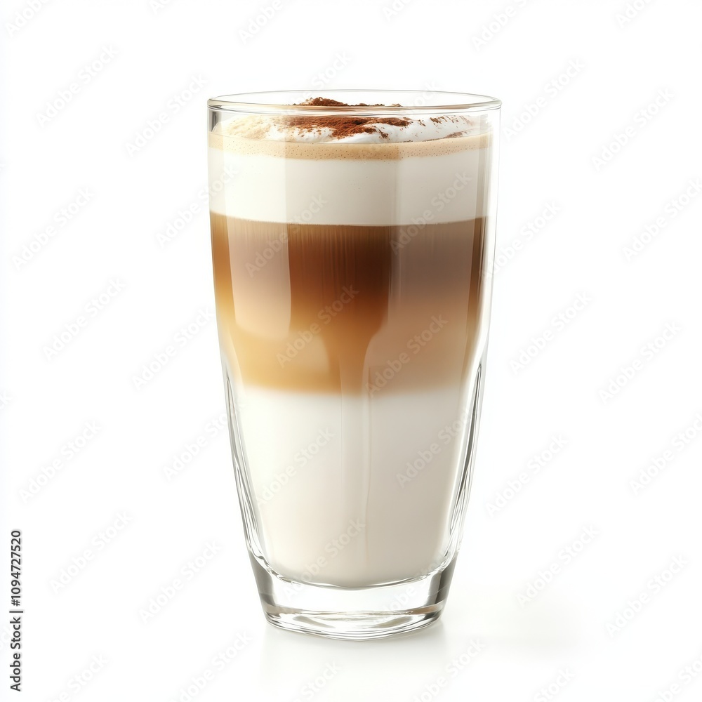 Layered latte macchiato in tall clear glass isolated on white background Layered latte macchiato in tall clear glass isolated on white background