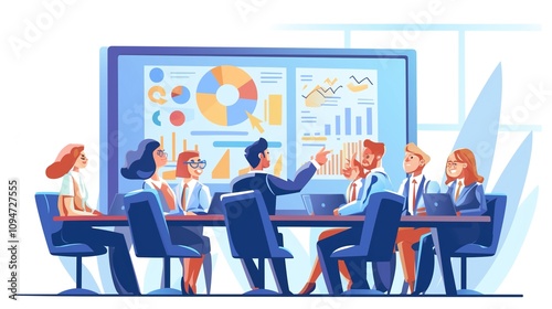 Dynamic Team Presentation: Cartoon-Style Business Meeting with Graphs and Charts on Screen, Team Engaged in Discussion in a Colorful, Modern Office Environment