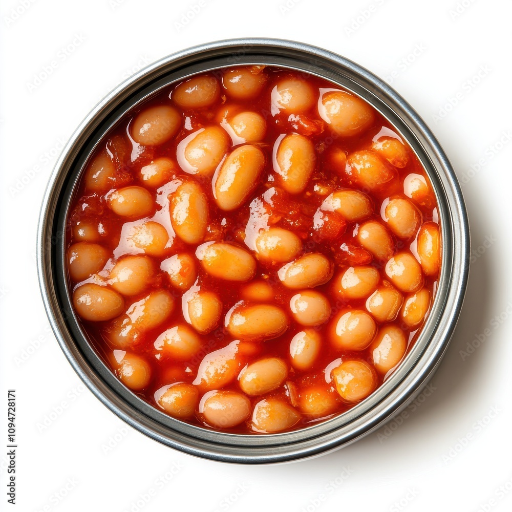 Opened can of baked beans in tomato sauce isolated on white background Opened can of baked beans in tomato sauce isolated on white background
