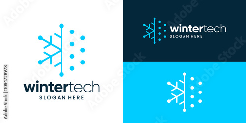Winter technology design logo. Snowflake logo with technology data connection symbol style design vector icon