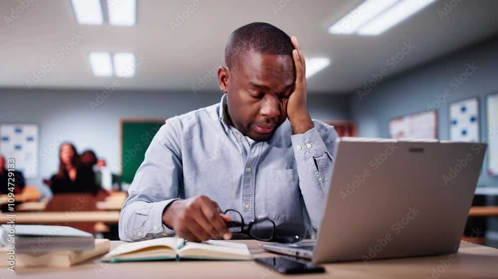 Bored Man In Classroom Using Computer Technology
