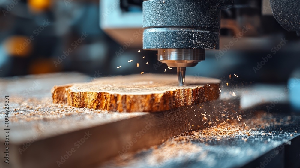CNC Router Carving a Wooden Disc, Close-up CNC Router Carving a Wooden Disc, Close-up