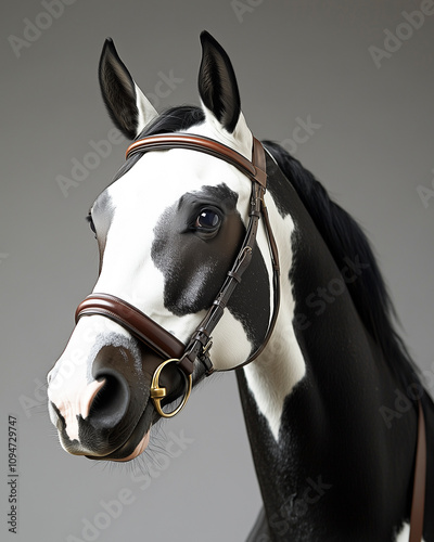 A striking black-and-white spotted horse with a braided mane, elegantly outfitted in a leather bridle.