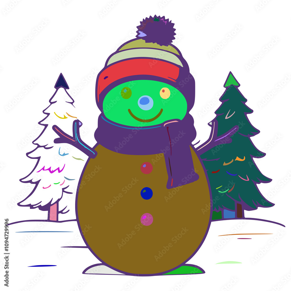 A cartoon snowman is standing in the snow. He is wearing a blue scarf and a red and green hat. There are two trees next to the snowman. A cartoon snowman is standing in the snow. He is wearing a blue scarf and a red and green hat. There are two trees next to the snowman.