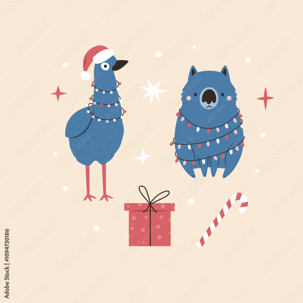 Obraz premium Australian Christmas Greeting Card with Wombat, Emu Characters. Festive Holiday Illustration, Design.