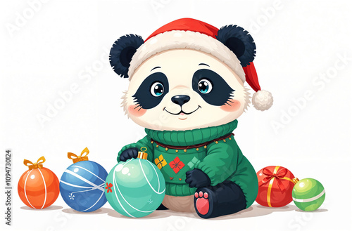 Cute panda in a holiday sweater decorating with colorful ornaments
