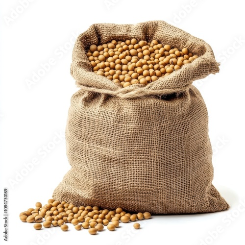 Soybeans in sack bag pour isolated on white background photo