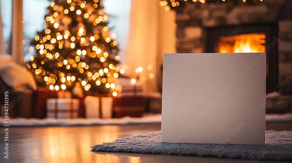 A blank board in a living room with a Christmas tree in the background, soft, golden twinkling lights reflected in the surface of the board, Christmas holidays A blank board in a living room with a Christmas tree in the background, soft, golden twinkling lights reflected in the surface of the board, Christmas holidays