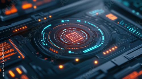 Monitoring anti tracking concept. A futuristic digital interface featuring glowing circuits and a central processing unit design, showcasing vibrant colors and intricate technology.